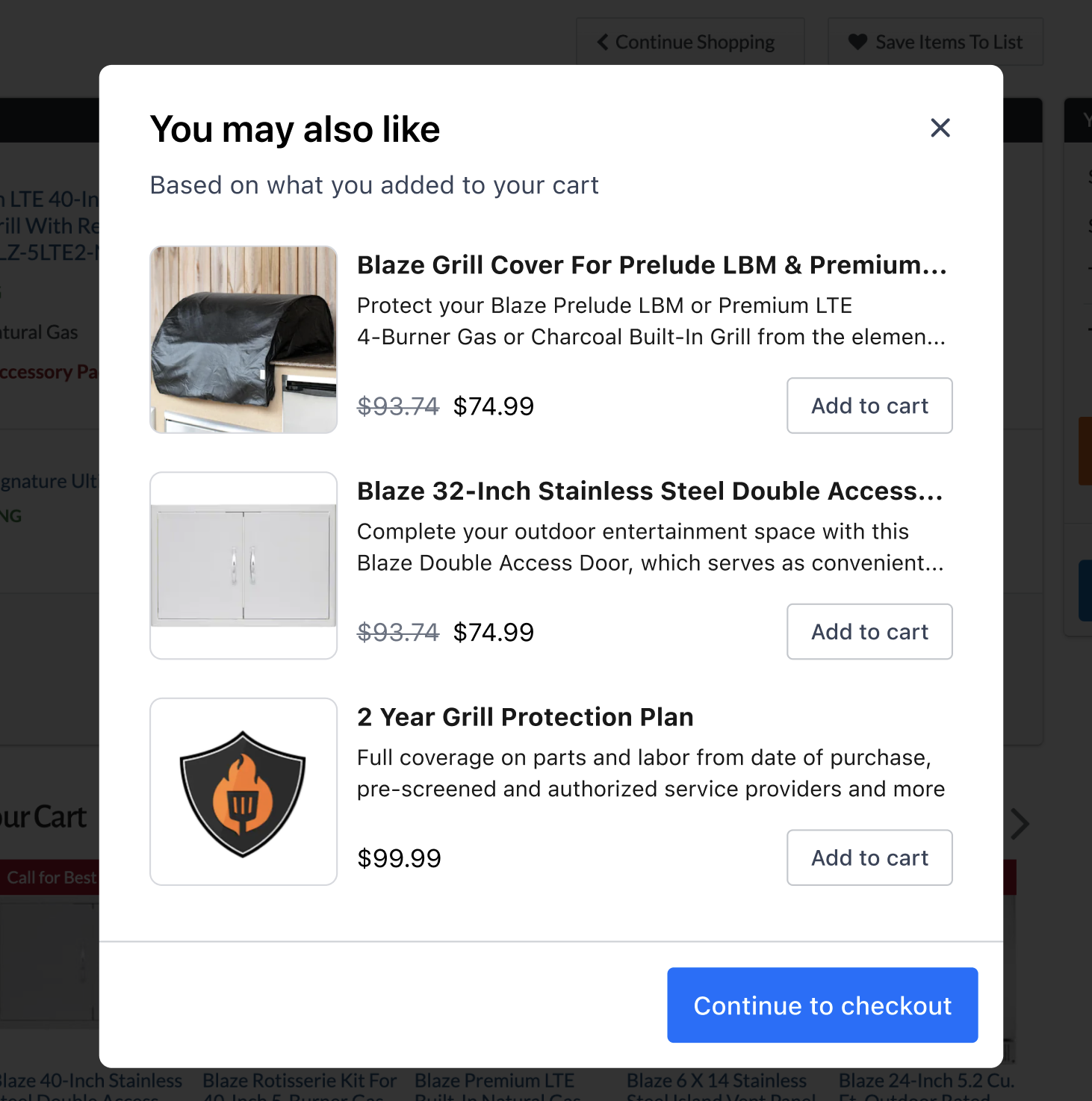 Product addons, shown in the checkout modal
